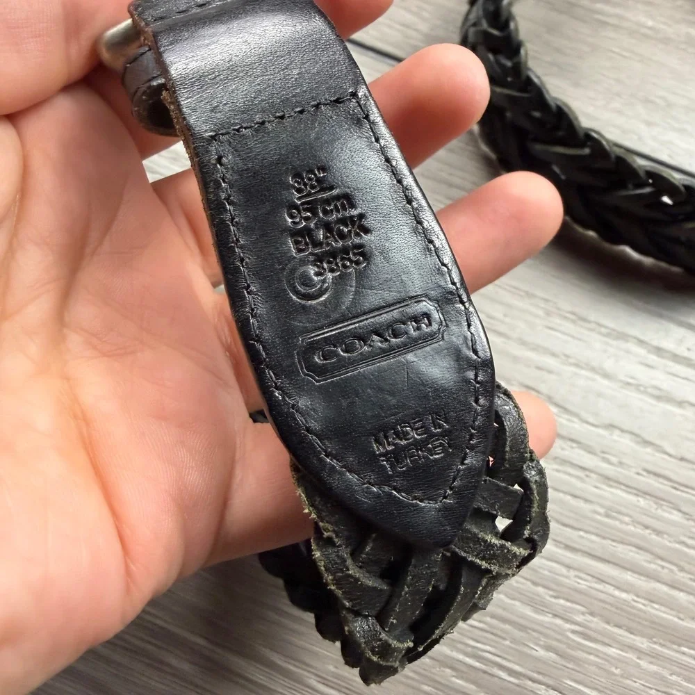 Coach Mens Belt Braided Leather Silver Buckle Black 38/95 C3865